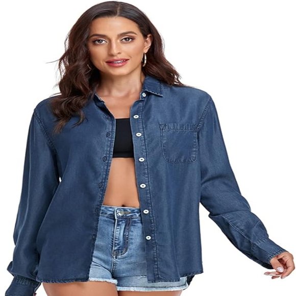 Women's Dark Blue Button Up Cotton Long Sleeve Lightweight Denim Shirt Size M - Picture 3 of 9